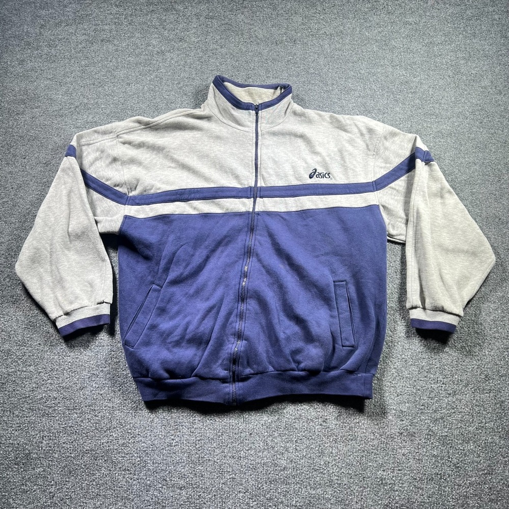 VTG ASICS Track Jacket Mens XL Gray Purple Colorblock Fleece Full Zip Athleisure
